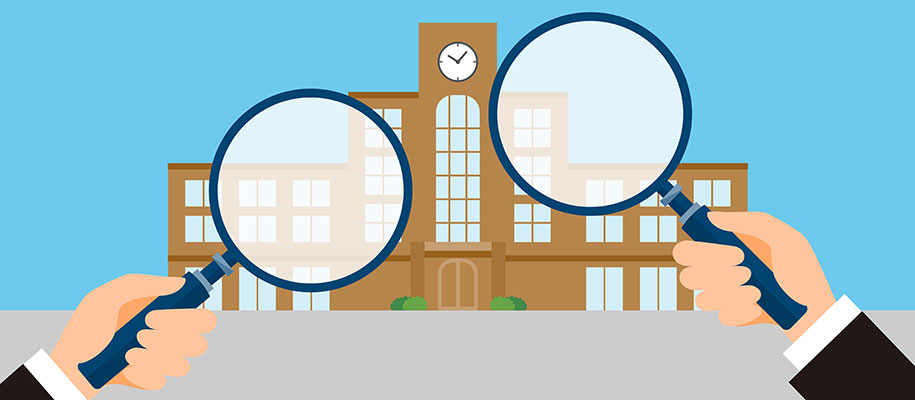 Vector image of two hands holding magnifying glasses in front of school building